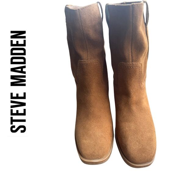 Steve Madden Romney Chestnut Brown Suede Block Heel 7 Like New pull on leather - Picture 6 of 11